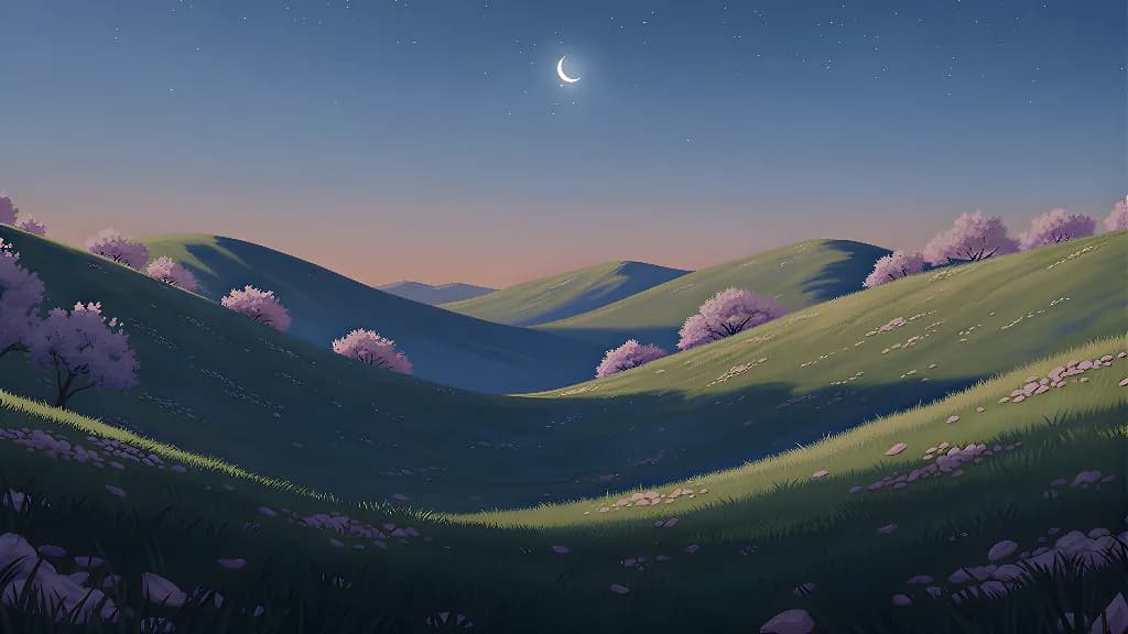 Illustrated moonlit hills dotted with blossoming trees